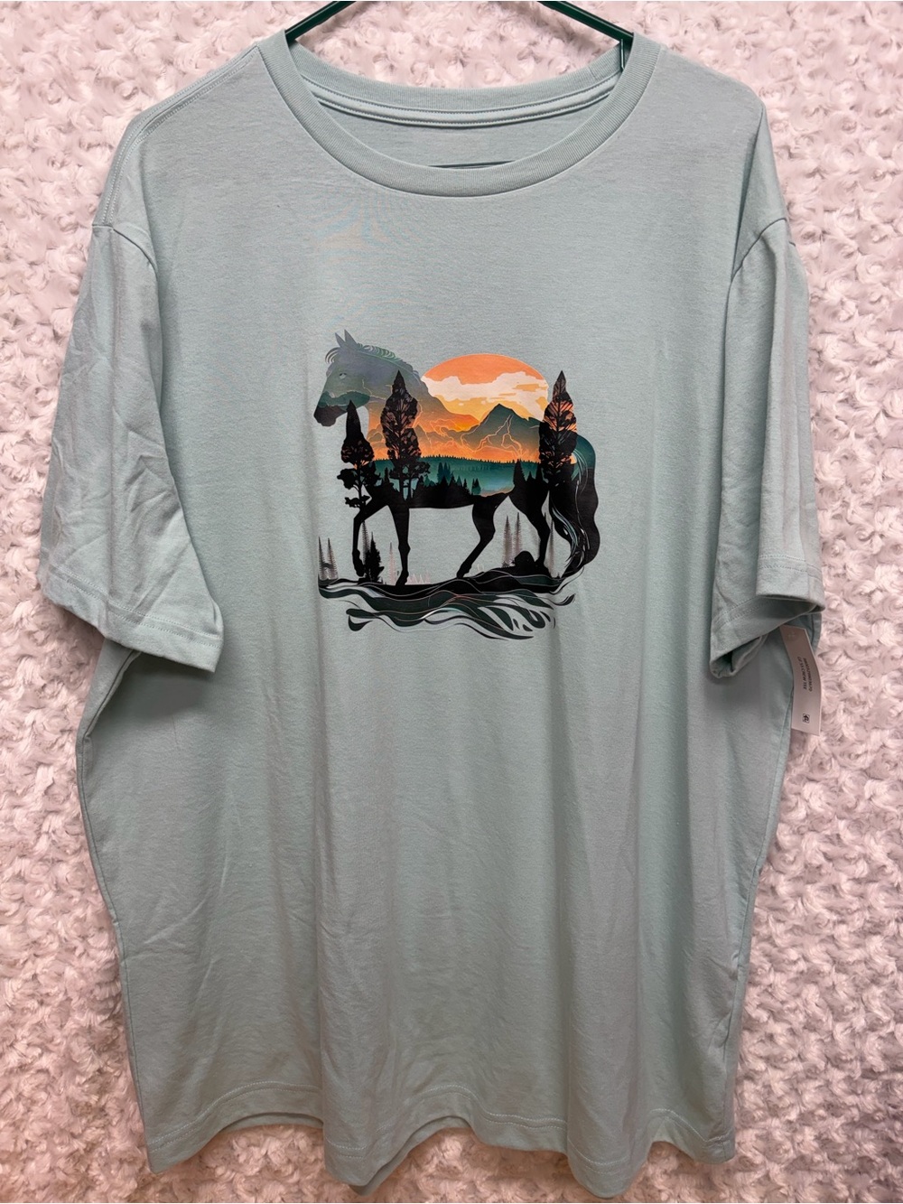 George unisex Light Mint Tee with Multicolor Horse Sunset Graphic